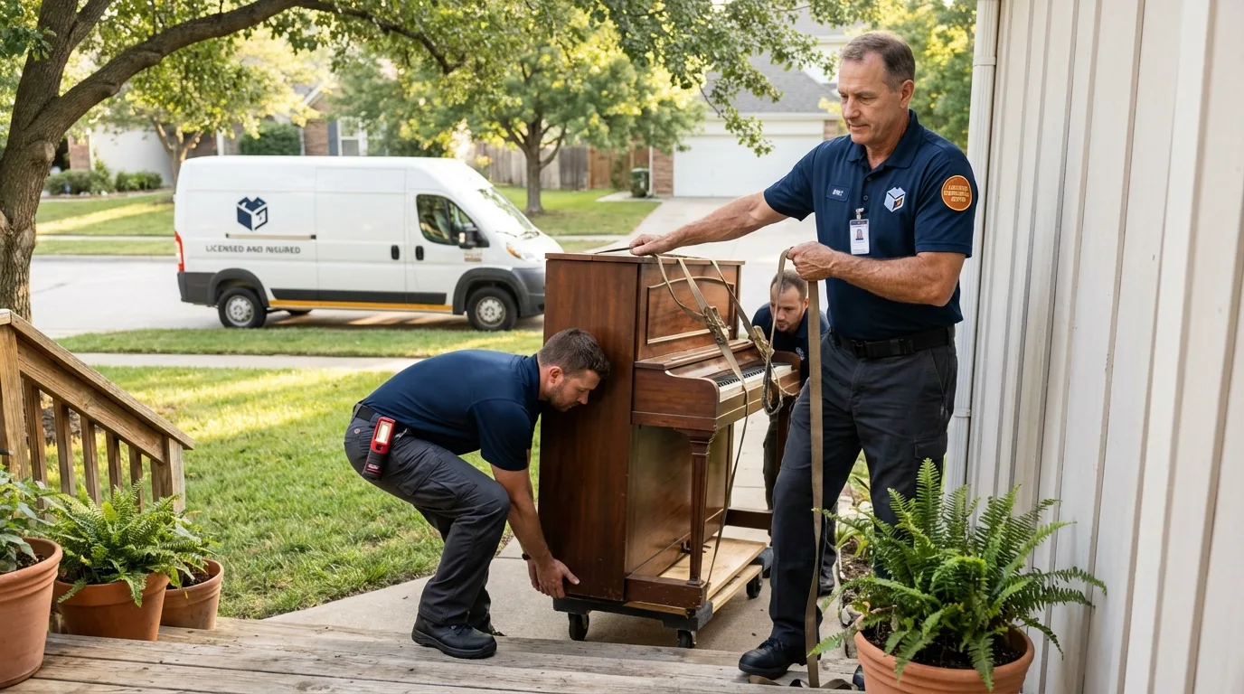 Licensed piano movers securing grand piano in Aragon, GA