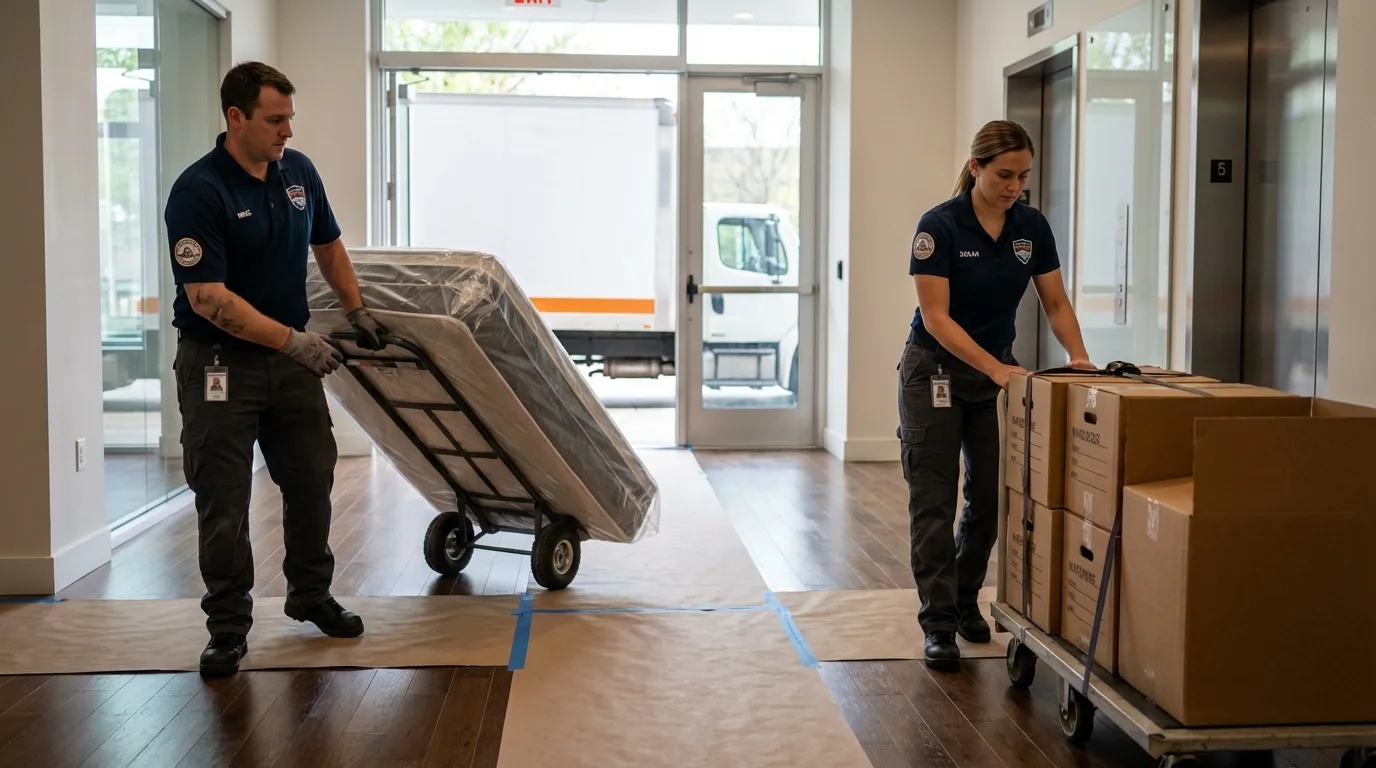 Professional apartment movers loading elevator in Aragon, GA